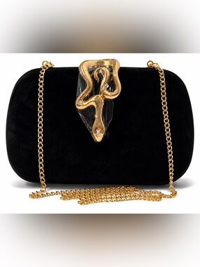 Nodeber Black Velvet Clutch Snake Clasp Gold tone Chain Evening cocktail Bag NWT